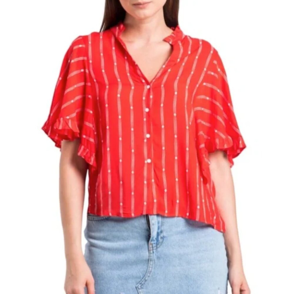 Maeve by Anthropologie Red Ruffle Wide Sleeve Top, Size Medium - Picture 1 of 6